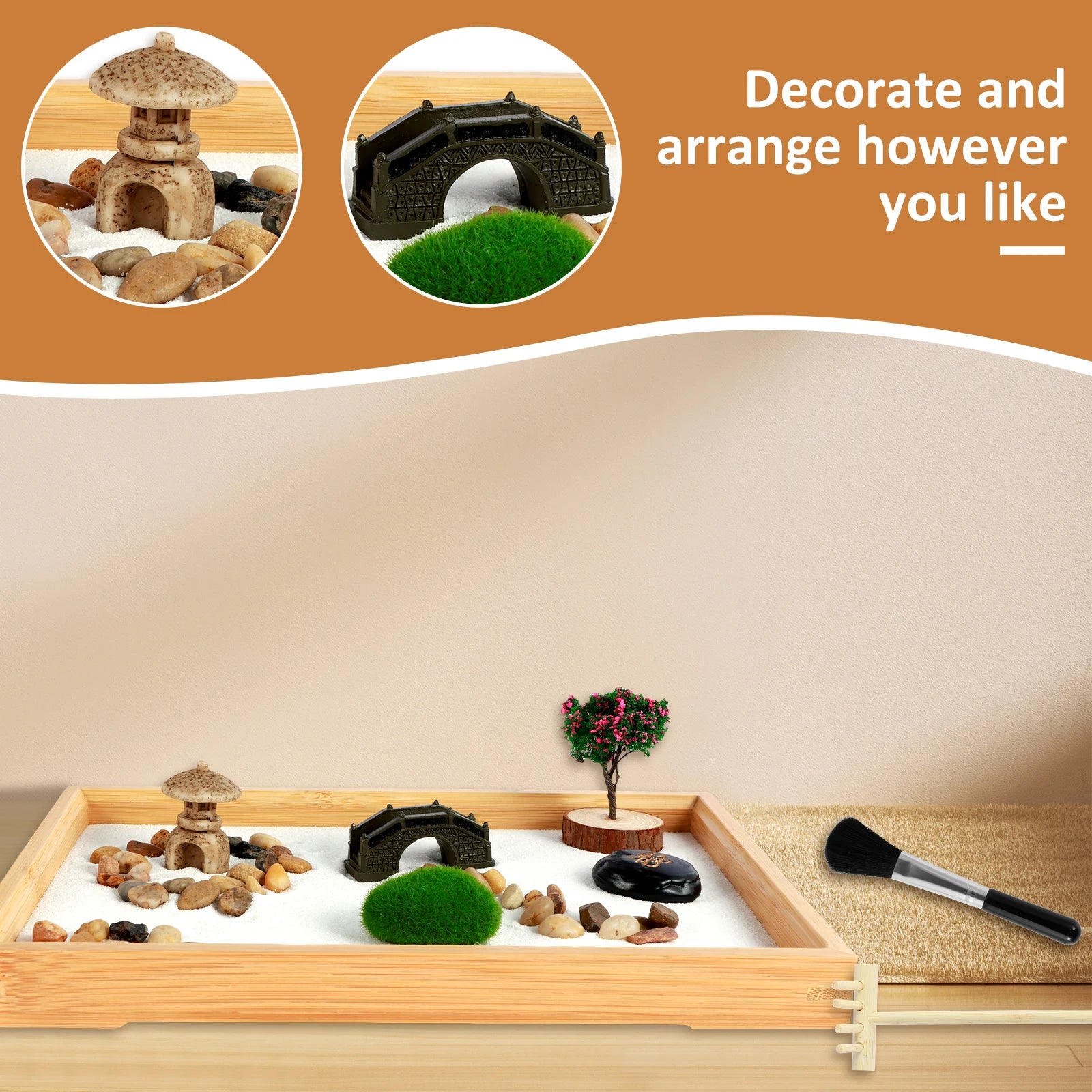 Zen Garden Kit DIY Zen Sand Set Mini Desktop Miniature Sand Pebbles Rake Tools Tray Funny Meditation Artificial Tree Garden Tool