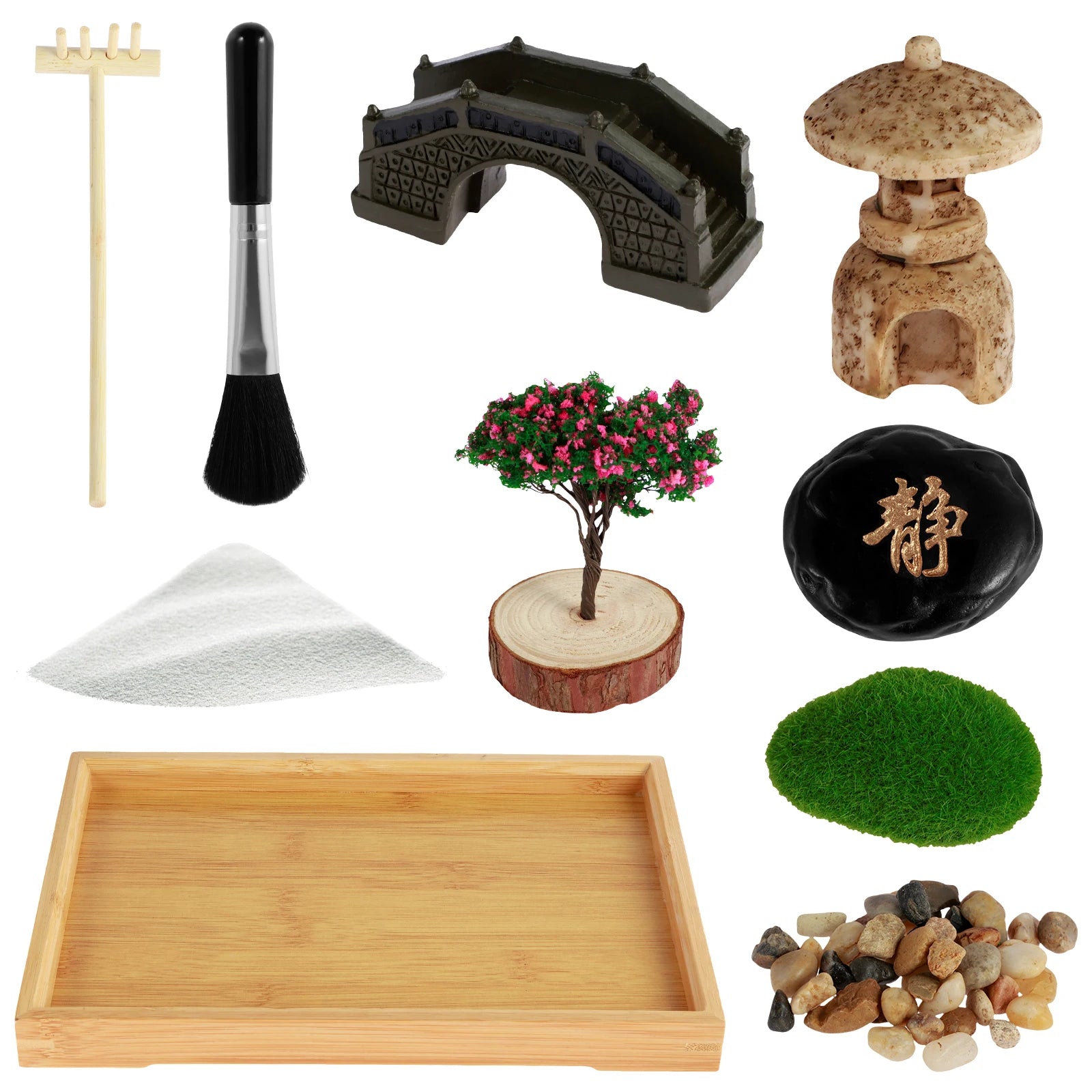 Zen Garden Kit DIY Zen Sand Set Mini Desktop Miniature Sand Pebbles Rake Tools Tray Funny Meditation Artificial Tree Garden Tool
