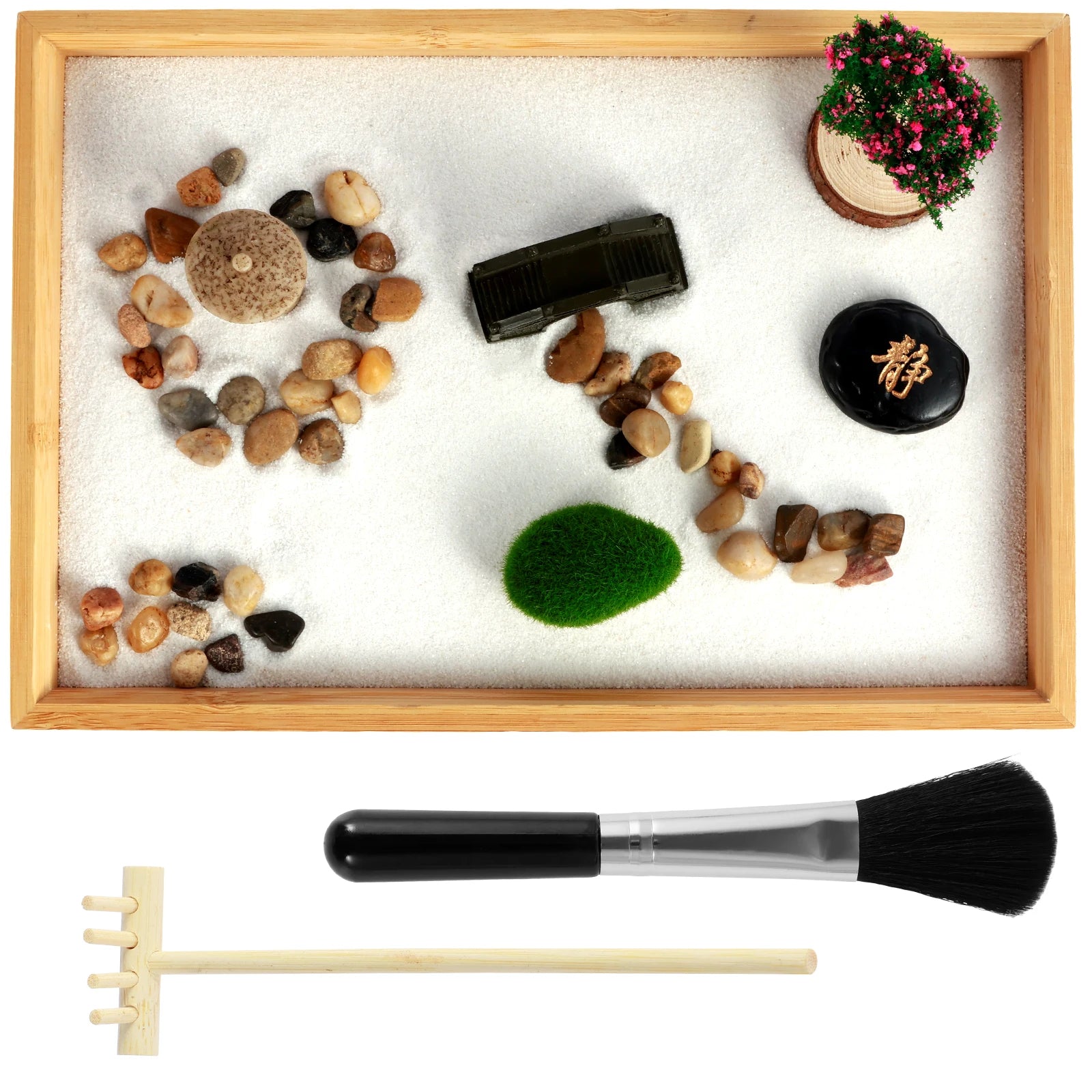 Zen Garden Kit DIY Zen Sand Set Mini Desktop Miniature Sand Pebbles Rake Tools Tray Funny Meditation Artificial Tree Garden Tool